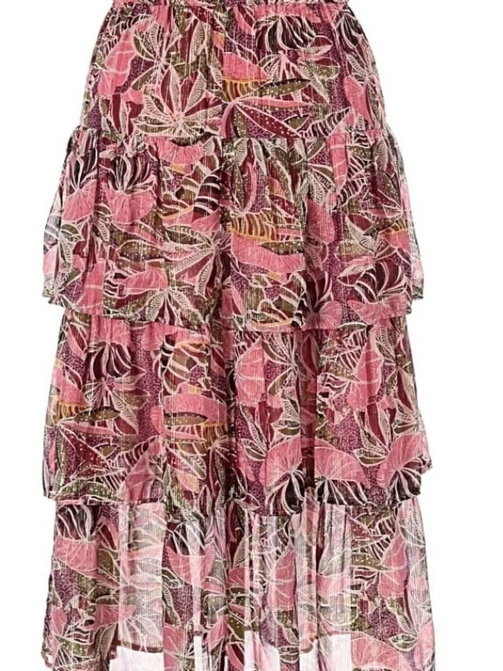 Elan Tiered Maxi Skirt in Pink and Olive Floral